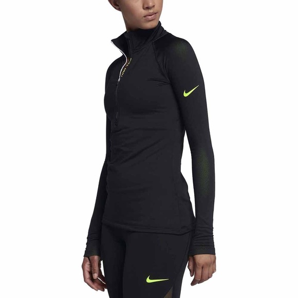 Nike Tops - Nike pro hyperwarm half zip black neon logo Sz M